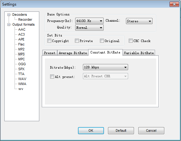 mp3 encoder options:Constant Bitrate