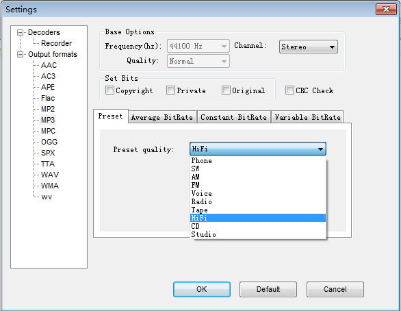 mp3 encoder options:preset